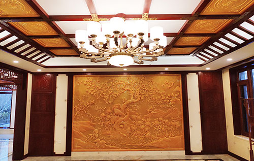 怀宁中式别墅客厅中式木作横梁吊顶装饰展示